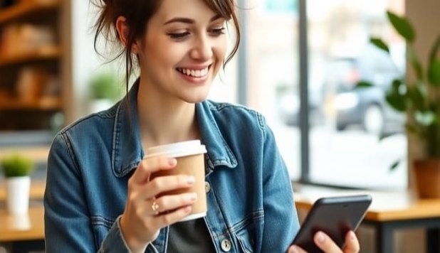 Clienta con su café mirando la app