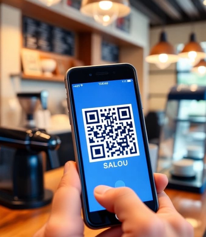 Persona escaneando un QR en un café
